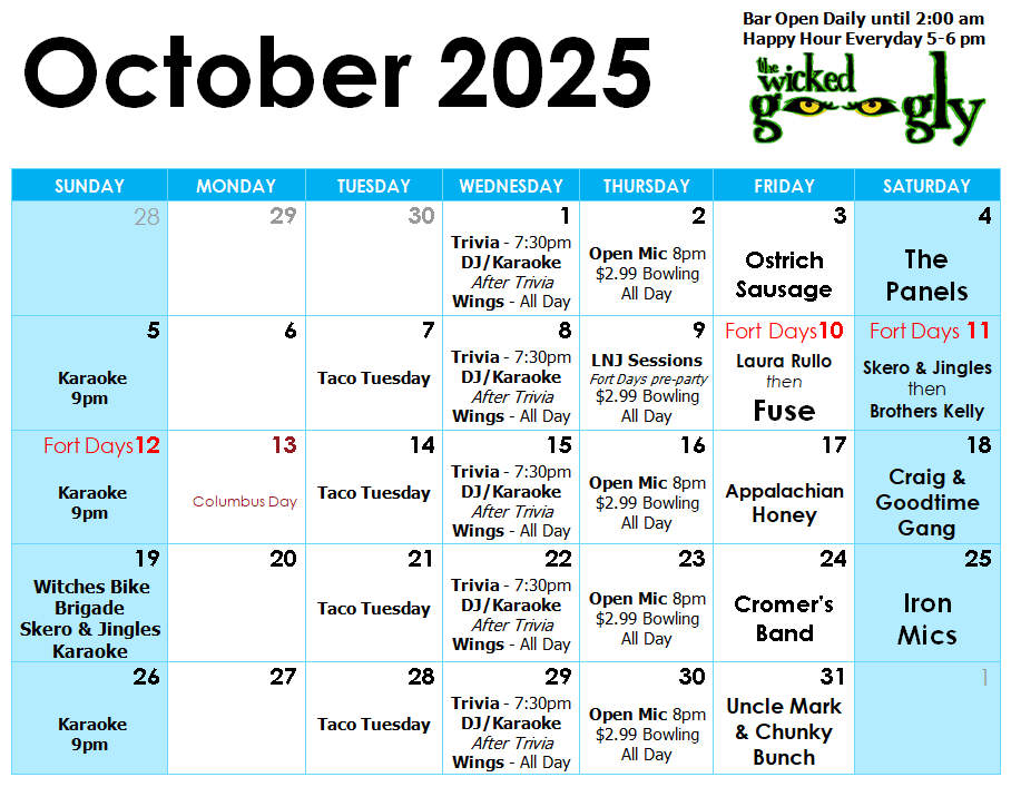 September 2025 activity/entertainment schedule