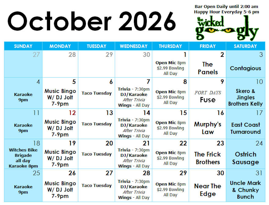October 2026 activity/entertainment schedule