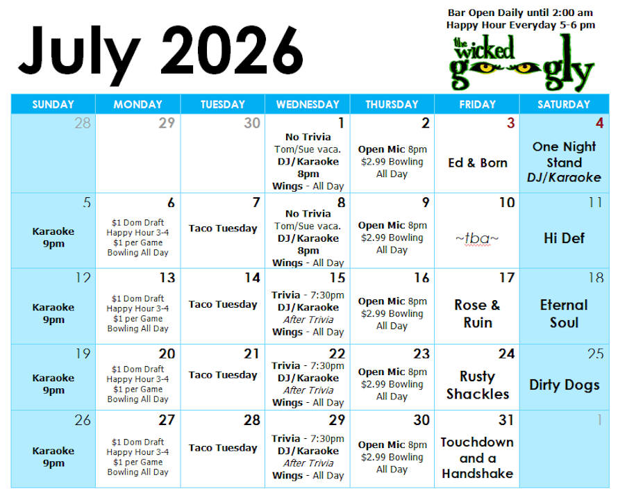 September 2025 activity/entertainment schedule