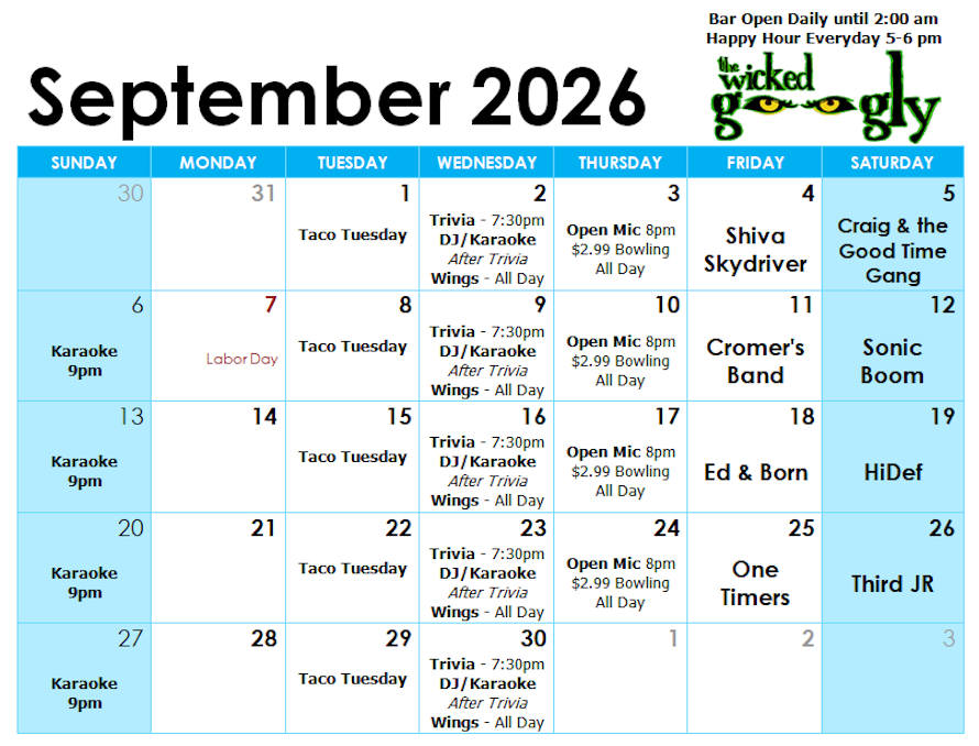 September 2025 activity/entertainment schedule